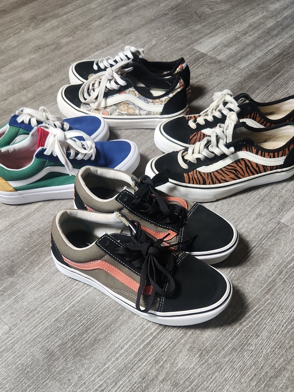 LOT of 4 Vans Kids Old Skool Sneakers in Black with Coral and Olive Accents